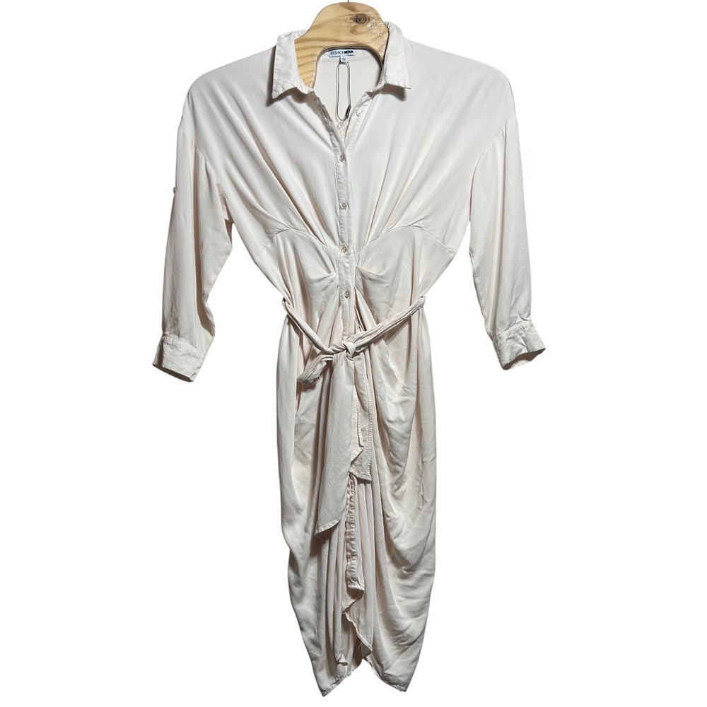 Fashion Nova Cream Tie Waist Draped Button Down Shirt Dress